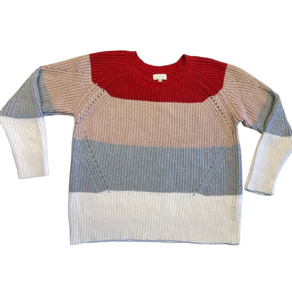 Lucky Brand Color Block Cozy Soft Crew Neck Sweater Red Pink Gray White Women XL